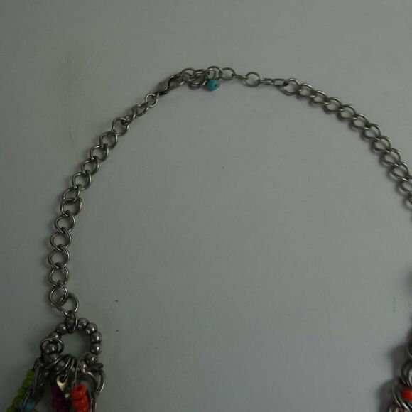 Silver Tone Multi Strand Bib Statement Necklace Beaded Colorful Boho Funky Fun - Picture 6 of 7